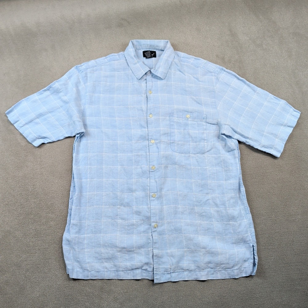 WilliWear Linen Shirt XL Mens Light Blue Windowpane Plaid Short Sleeve Button Up
